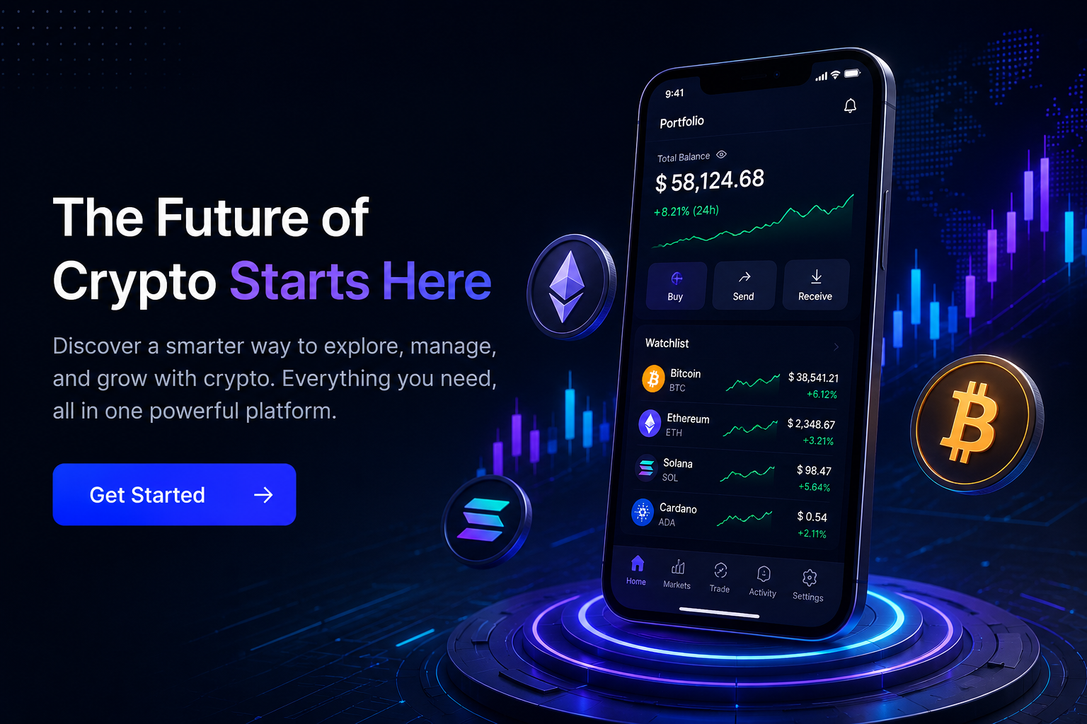 Crypto app dashboard on smartphone with futuristic trading interface